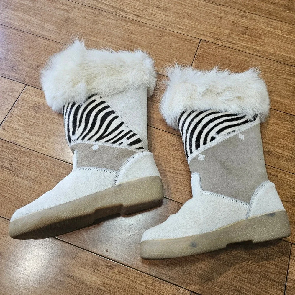 Cristina Italy Zebra Fur Trim Leather Boots Women‎ 37 White Tan